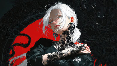 دانلود والپیپر دختر انیمه خالکوبی مو سفید Anime Girl Tattoo White Hair