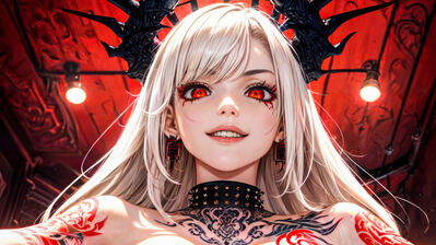 دانلود والپیپر دختر انیمه شیطان شاخ و خالکوبی چشم قرمز Demon Anime Girl Horn Tattoo Red Eye