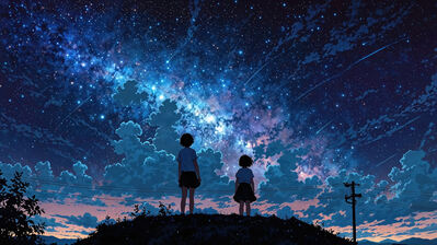 دانلود والپیپر آسمان شب پرستاره انیمه دختر ابر منظره Night Starry Sky Anime Girls Clouds Stars Scenery