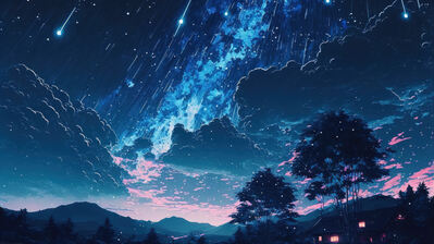 دانلود والپیپر منظره آسمان پرستاره ابری انیمه Starry Night Sky Clouds Anime Art