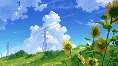 دانلود والپیپر منظره انیمه تابستان آفتابگردان Summer Day Sunflower Anime Scenery