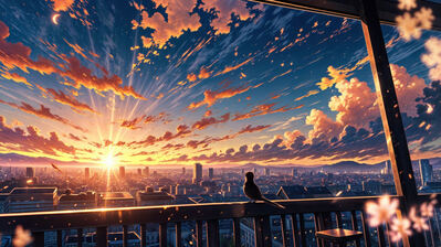 دانلود والپیپر آنیمه شهر غروب و آسمان ابری Sunset City Scenery