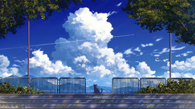 دانلود والپیپر گربه انیمه و ابر Anime Cat Clouds Trees Scenery