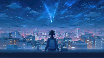 دانلود والپیپر دختر انیمه تنها با گربه و شهر شب Anime Girl Alone Cat Night City