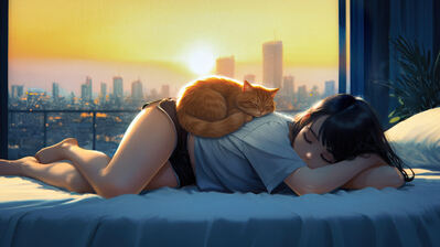 دانلود والپیپر دختر انیمه و گربه نارنجی Anime Girl Orange Cat Sleeping