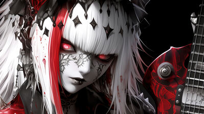 دانلود والپیپر دختر انیمه چشم قرمز مو سفید گیتار Anime Girl Red Eyes White Hair Guitar