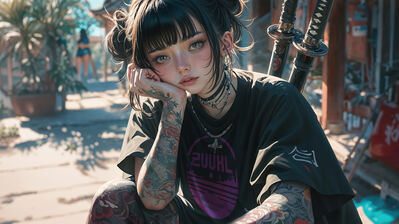 دانلود والپیپر دختر انیمه تتو و کاتانا Anime Girl Tattoo Katana