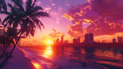 دانلود والپیپر دیجیتال ساحل و نخل و شهر Beach Palm Trees