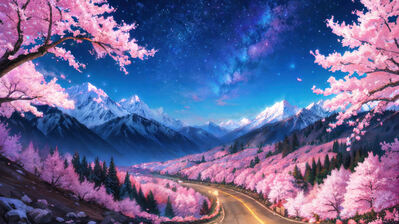دانلود والپیپر شکوفه گیلاس و کوه برفی و آسمان پرستاره Cherry Blossom Forest Snowy Mountain Starry Night