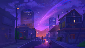 دانلود والپیپر شهر و دنباله‌دار شب City Starry Night Comet Scenery