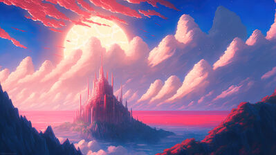 دانلود والپیپر قلعه فانتزی ابر و خورشید Fantasy Castle Clouds Sun Sky Scenery