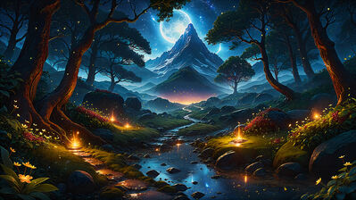 دانلود والپیپر منظره جنگل رودخانه کوه ماه Forest River Mountain Moon Scenery