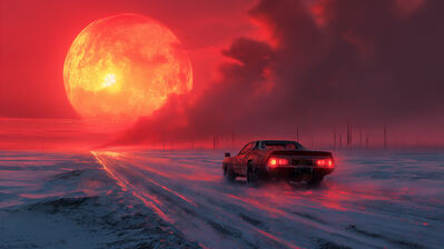دانلود والپیپر ماسل کار جاده یخی ماه قرمز Muscle Car Ice Road Red Moon