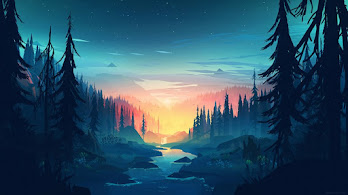 دانلود والپیپر دیجیتال آرت طلوع و رودخانه Nature Sunrise Digital Art River