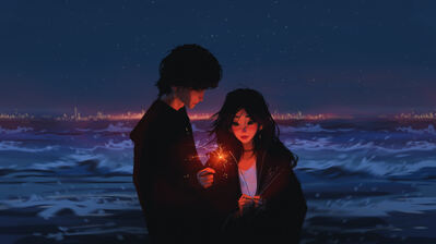 دانلود والپیپر ساحل شب و زوج جرقه Night Beach Couple Sparkler