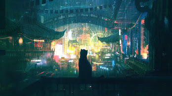 دانلود والپیپر شب شهر گربه سیلوئت Night City Cat Silhouette