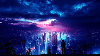 دانلود والپیپر دیجیتال آرت آسمان شب شهر Night Sky City Buildings Digital Art