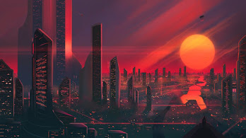 دانلود والپیپر شهر علمی تخیلی غروب Sci-Fi City Sunset Digital Art Illustration