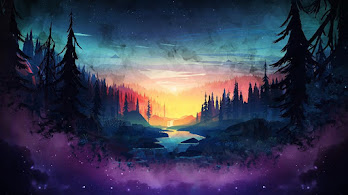 دانلود والپیپر منظره دیجیتال جنگل رودخانه شب Sunset Forest River Night