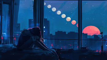 دانلود والپیپر دختر تنها شهر شب پنجره ساختمان‌ها Alone Girl City Night Window Buildings