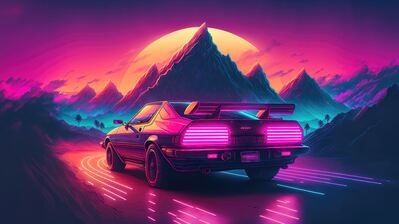 دانلود والپیپر ماشین Outrun کوه غروب آفتاب Car Outrun Neon Mountain Sunset