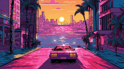 دانلود والپیپر ماشین و غروب شهر Car Sunset City Street Digital Art
