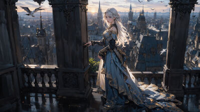 دانلود والپیپر فانتزی شهر و دختر مو سفید Fantasy City Girl l White Hair