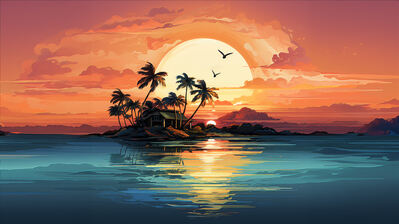 دانلود والپیپر جزیره و خانه در غروب Island House Sunset Scenery Art