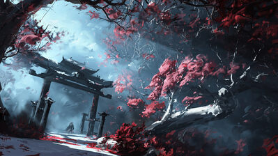 دانلود والپیپر دروازه معبد ژاپنی درختان دیجیتال آرت Japanese Shrine Gate Trees Digital Art