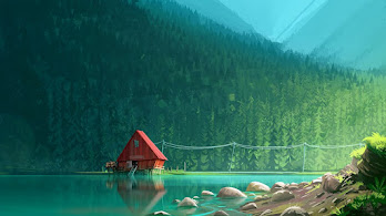 دانلود والپیپر دیجیتال کلبه دریاچه جنگل Lake Cabin Forest Digital Art