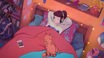 دانلود والپیپر لوفی گرل با گربه و هدفون Lofi Girl Cat Headphone Sleeping
