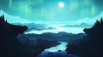 دانلود والپیپر منظره رودخانه و ماه مینیمال Minimalist Moon Night River Landscape
