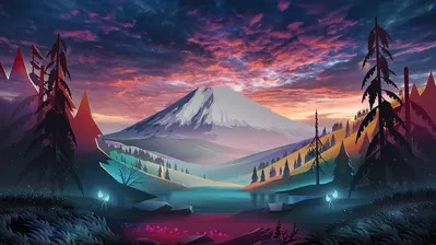 دانلود والپیپر کوه جنگل ابر دیجیتال آرت Mountain Forest Clouds Digital Art