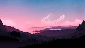 دانلود والپیپر منظره کوه و آسمان با سیاره Mountain Scenery Landscape Sky Planet Art