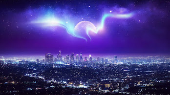 دانلود والپیپر شهر شب و شفق شمالی Night City Aurora Borealis Digital Art
