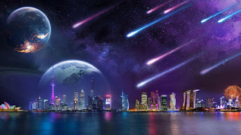 دانلود والپیپر شب و دنباله‌دار Night City Scenery Comet Planet Digital Art