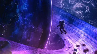 دانلود والپیپر فضانورد و مدار کیوان دیجیتال آرت Saturn Orbit Astronaut Planet