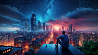دانلود والپیپر تنهایی و آسمان شب Alone Stargazing City Night Sky Stars