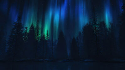 دانلود والپیپر شفق قطبی و جنگل شب Aurora Borealis Night Forest Scenery