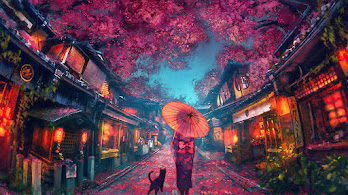 دانلود والپیپر انیمه خیابان زیبا گیلاس و کیمونو Beautiful Anime Street Cherry Blossom