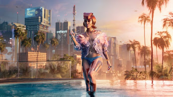 دانلود والپیپر سایبرپانک ۲۰۷۷ دختر و استخر و شهر Cyberpunk 2077 Girl Pool City Scenery