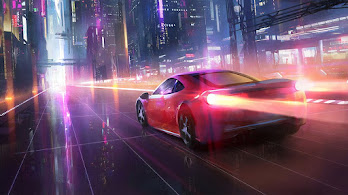 دانلود والپیپر شهر سایبرپانک ماشین اسپورت هایپردرایو Cyberpunk City Sports Car Hyperdrive Sci-Fi