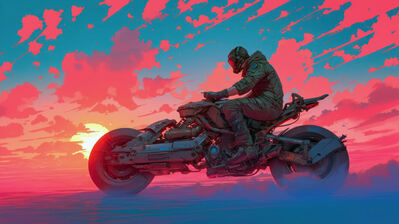 دانلود والپیپر سایبرپانک موتورسیکلت غروب Cyberpunk Motorcycle Sunset