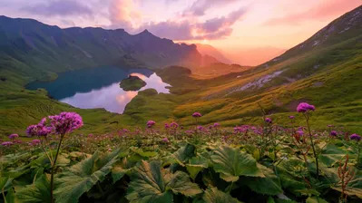 دانلود والپیپر منظره طبیعت دریاچه کوه گل‌زار غروب Mountain Lake Sunset Flower Field