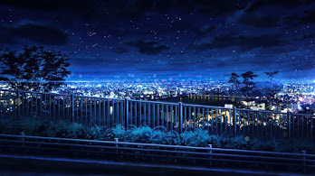 دانلود والپیپر منظره شب شهر آسمان انیمه Night Sky City