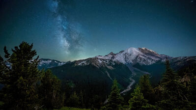 دانلود والپیپر شب کوه جنگل Night Stars Mountain Forest Scenery