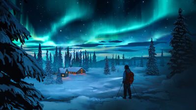 دانلود والپیپر شفق شمالی شب برفی Northern Lights Snowy Night Stars Scenery