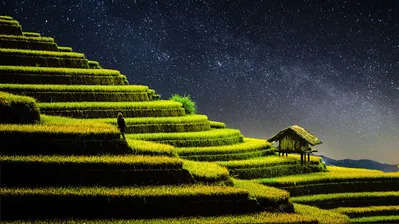 دانلود والپیپر شالیزار پله‌ای آسمان شب Rice Terraces Night Sky Scenery