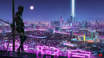 دانلود والپیپر شهر علمی تخیلی نئون نینجا کاتانا Sci-Fi City Neon Ninja Katana