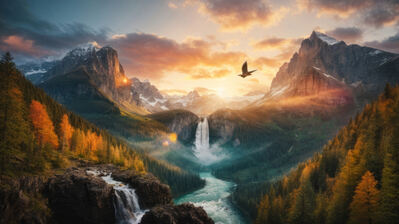 دانلود والپیپر طلوع خورشید جنگل کوه آبشار Sunrise Forest Mountains Waterfall